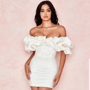 - IVORY SATIN RUFFLE STRAPLESS DRESS